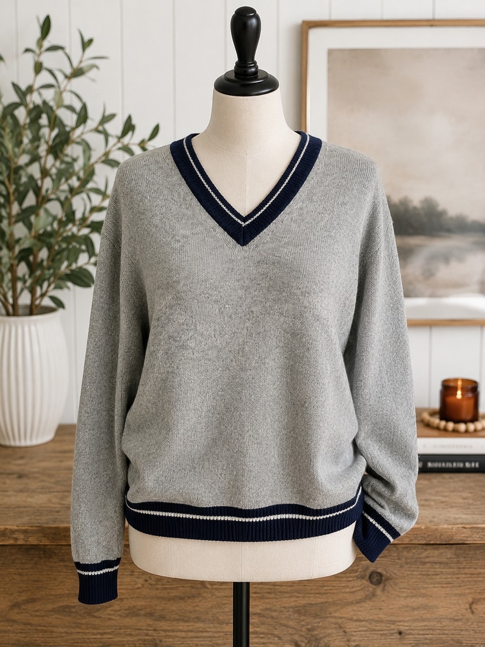 Toscano Made In Italy Wool Blend V Neck Sweater Gray Navy Trim Large